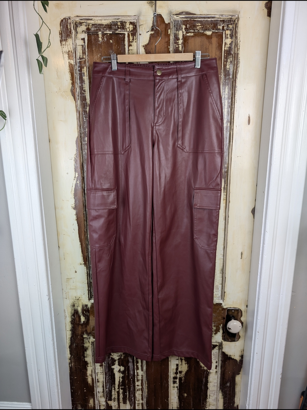 Wild Fable Burgundy Vegan Leather Cargo Pants M/L Wide Leg Streetwear